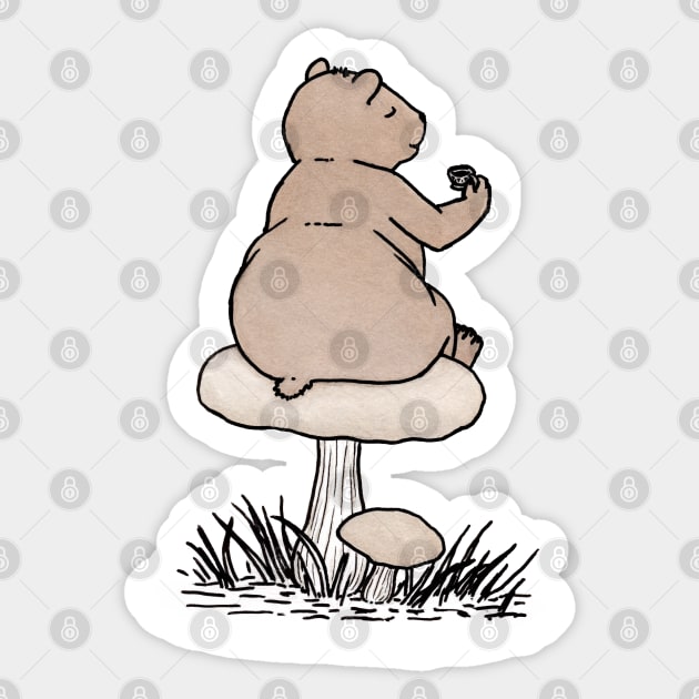 Bear's Tea Time Atop a Mushroom Sticker by MarinaIllustration